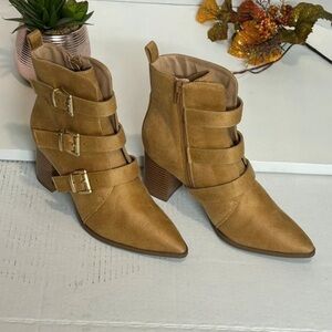 & Other Stories Tan Suede Pointed-Toe Triple-Buckle Ankle Boots